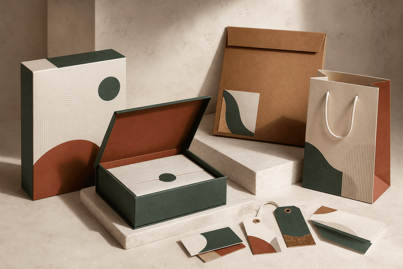 Original packaging concept showing cartons, a rigid gift box, a kraft mailer, a paper bag, hang tags and cards